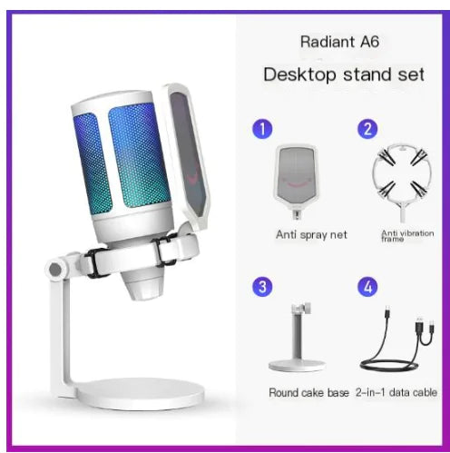 A6 RGB Desktop Microphone with LED Lights – Ideal for PC, Streaming, and Dubbing