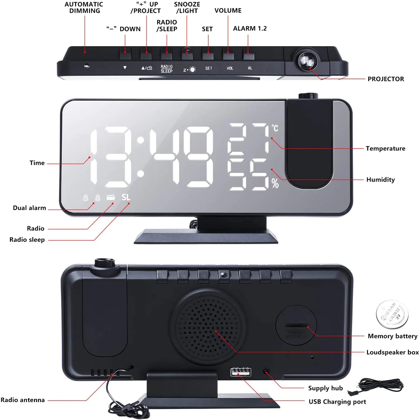 LED Projection Digital Alarm Clock Phone Charger